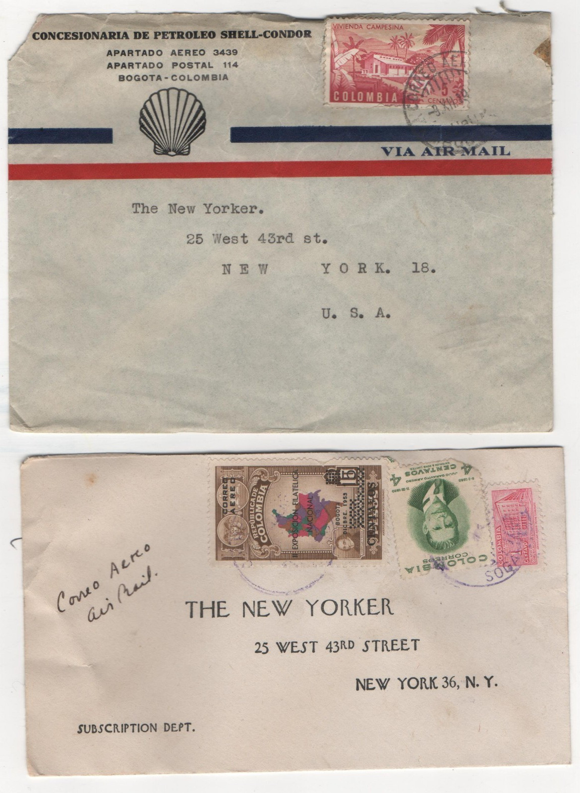 Lot 1950s COLUMBIA AIR MAIL COVER STAMPS TO USA (Shell-Condor Gas & Oil Envelope