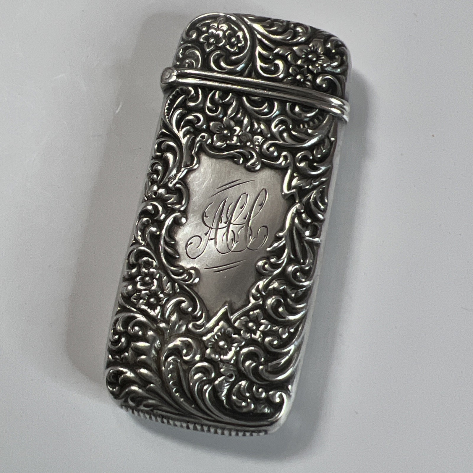 Antique Sterling Silver Ornate Floral Motif Match Safe Vesta Case HAS MONO