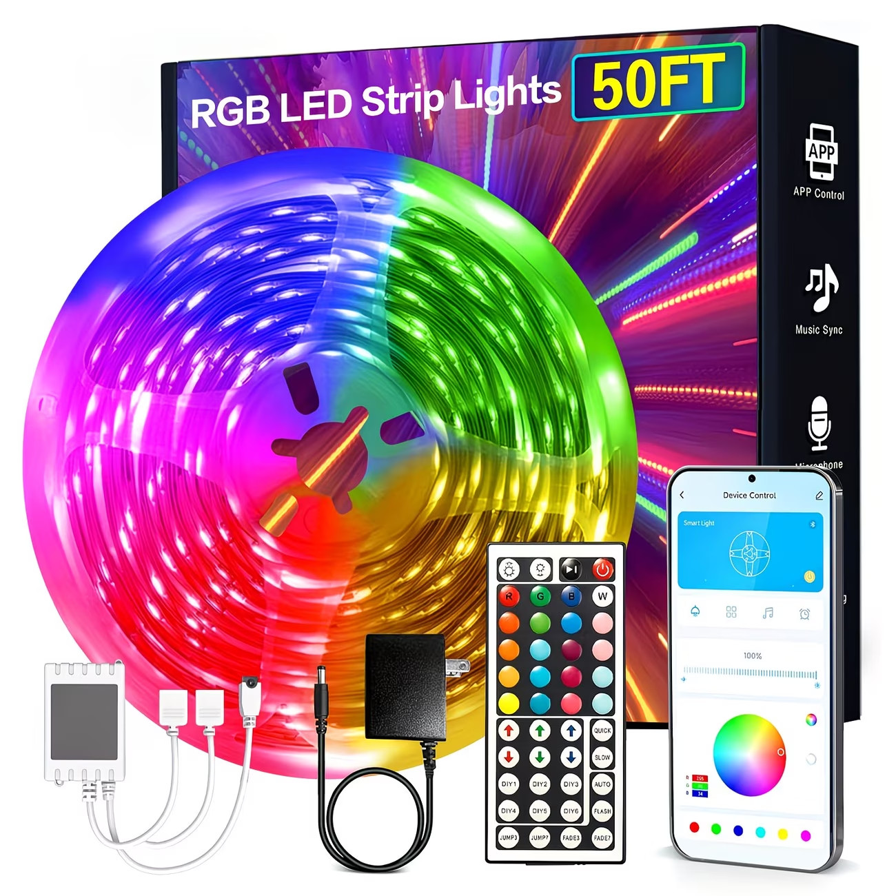 50 Ft LED Strip Lights, with 44 Keys Remote Control, Dimmable RGB Color Changing