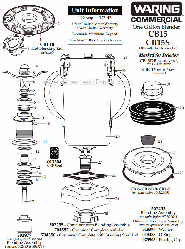 New Waring Food Blender CB15 sealed Bearing Part Number 018386
