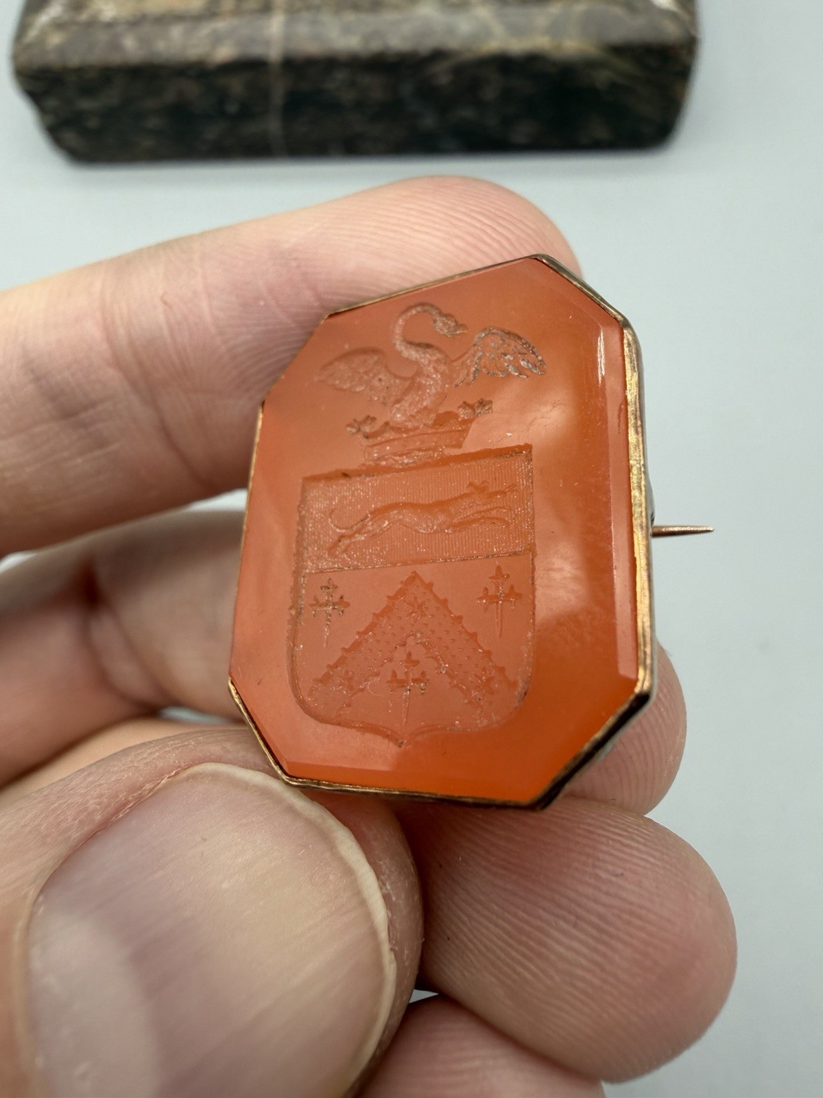 Antique Victorian 15k Gold Mounted Carnelian Seal Fob with Family Crest