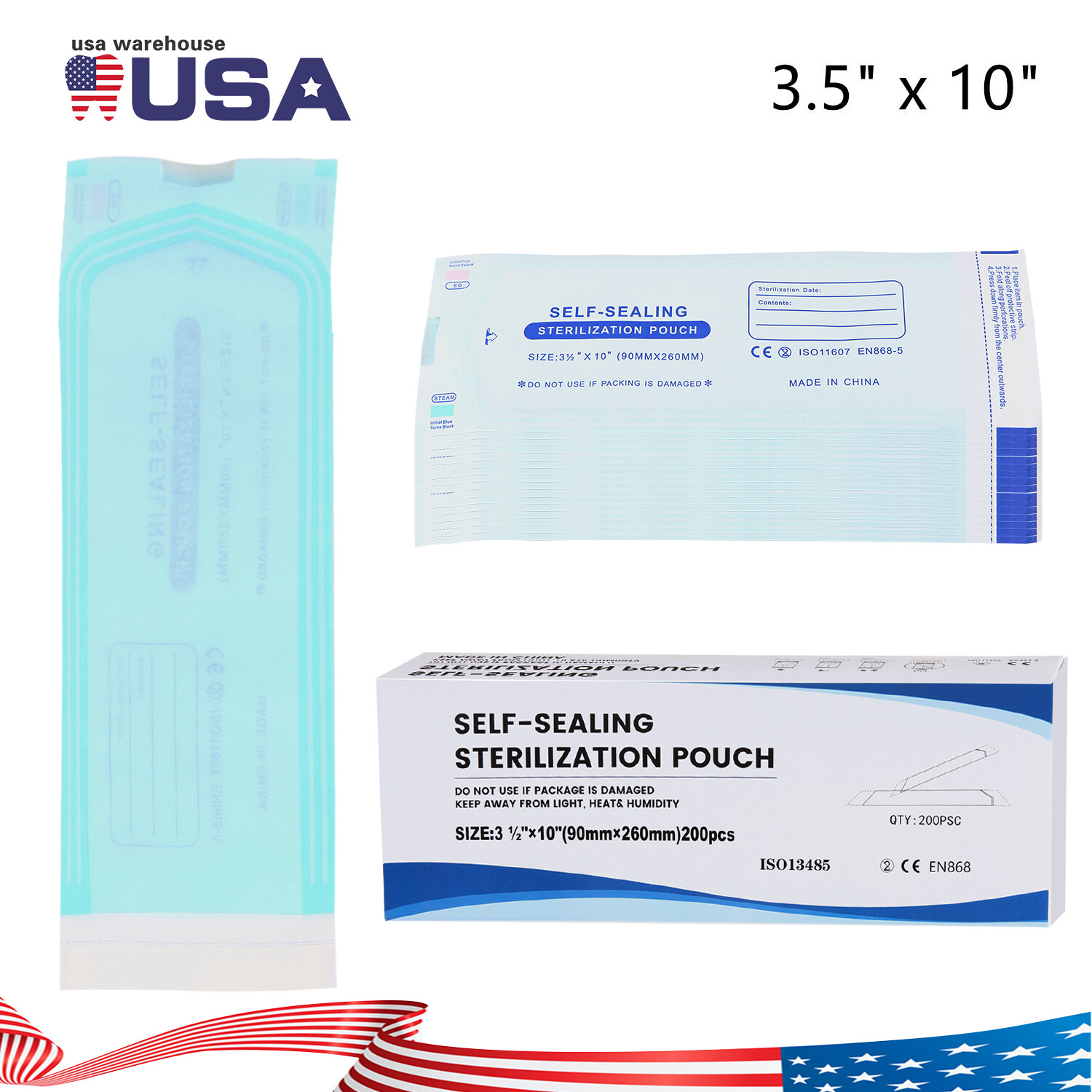200 pcs 3.5" x 10" Self-Sealing Sterilization Pouches Sterilizer Bags Autoclave