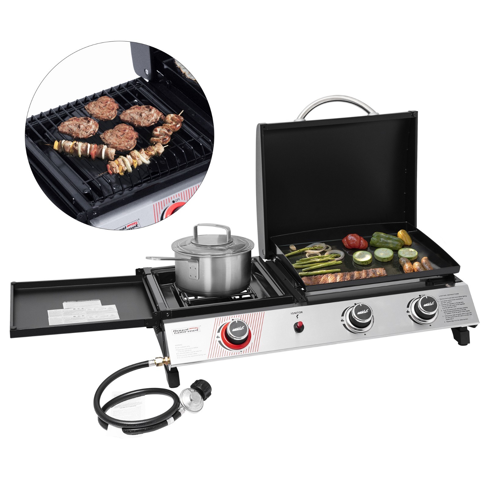 Royal Gourmet 3-in-1 Portable Gas Griddle with Side Burner and Lid for Outdoor