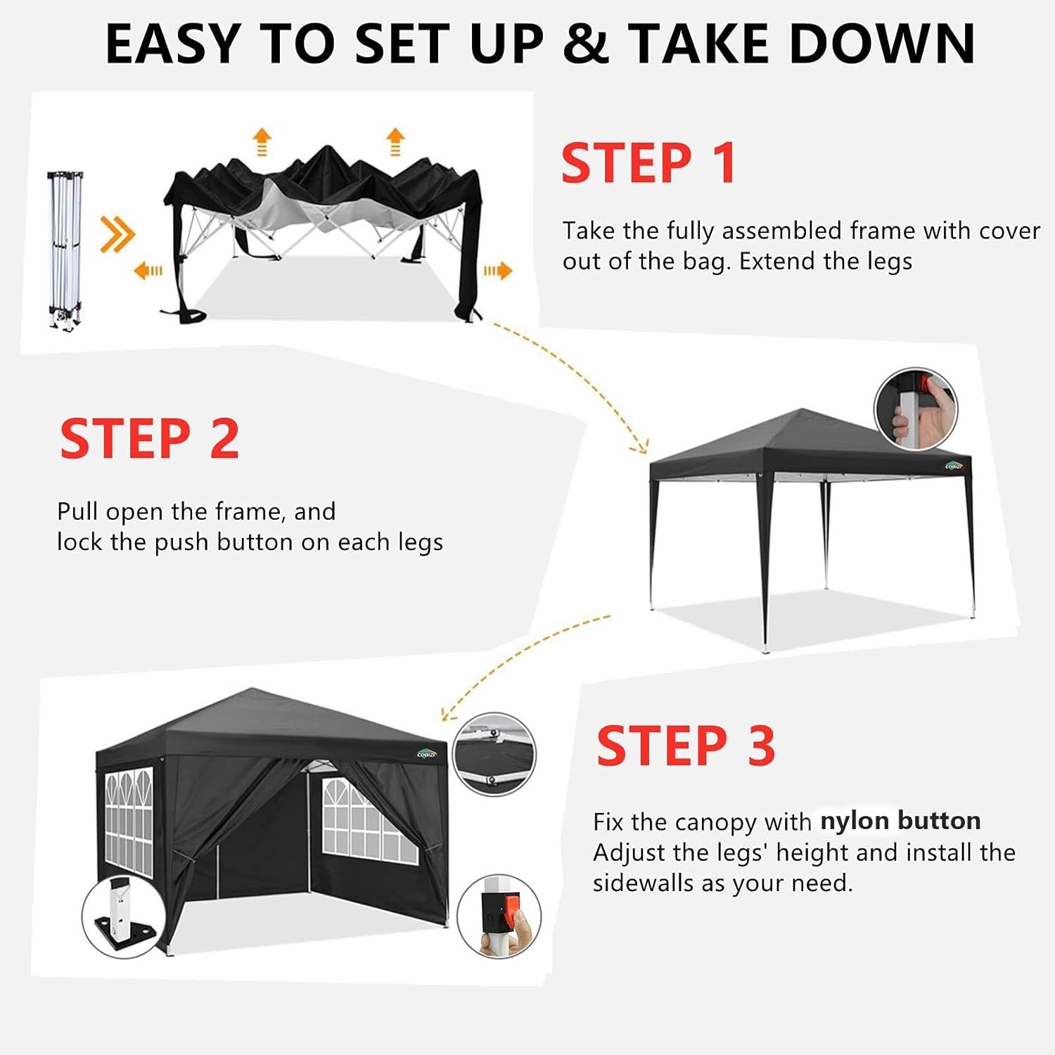 10x10FT EZ Pop Up Canopy Tent with 4 Removable Sidewalls Waterproof Commercial