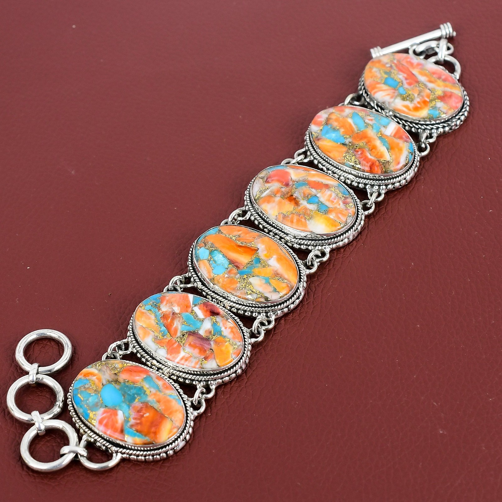 Spiny Oyster Copper Turquoise Vintage 925 Sterling Silver Adjustable Bracelet