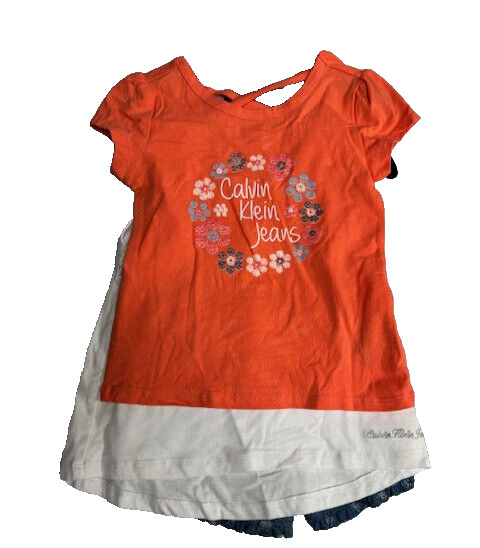 CALVIN KLEIN GIRLS 3 PC SHORTS/2 BLOUSE SET (ORANGE/WHITE/BLUE 6)NWT
