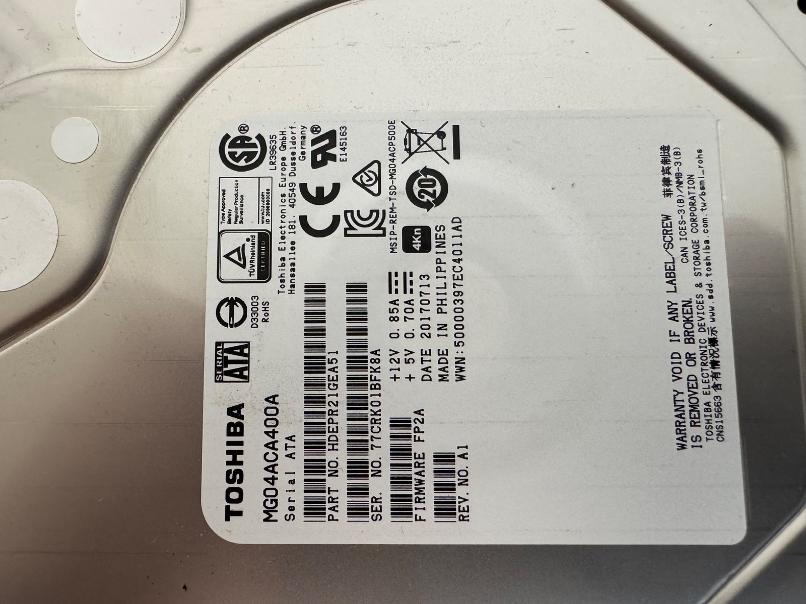 Toshiba MG04ACA400A HDEPR21GEA51 FP2A REV. A1 4TB 4000gb 3.5" SATA Hard Drive HD