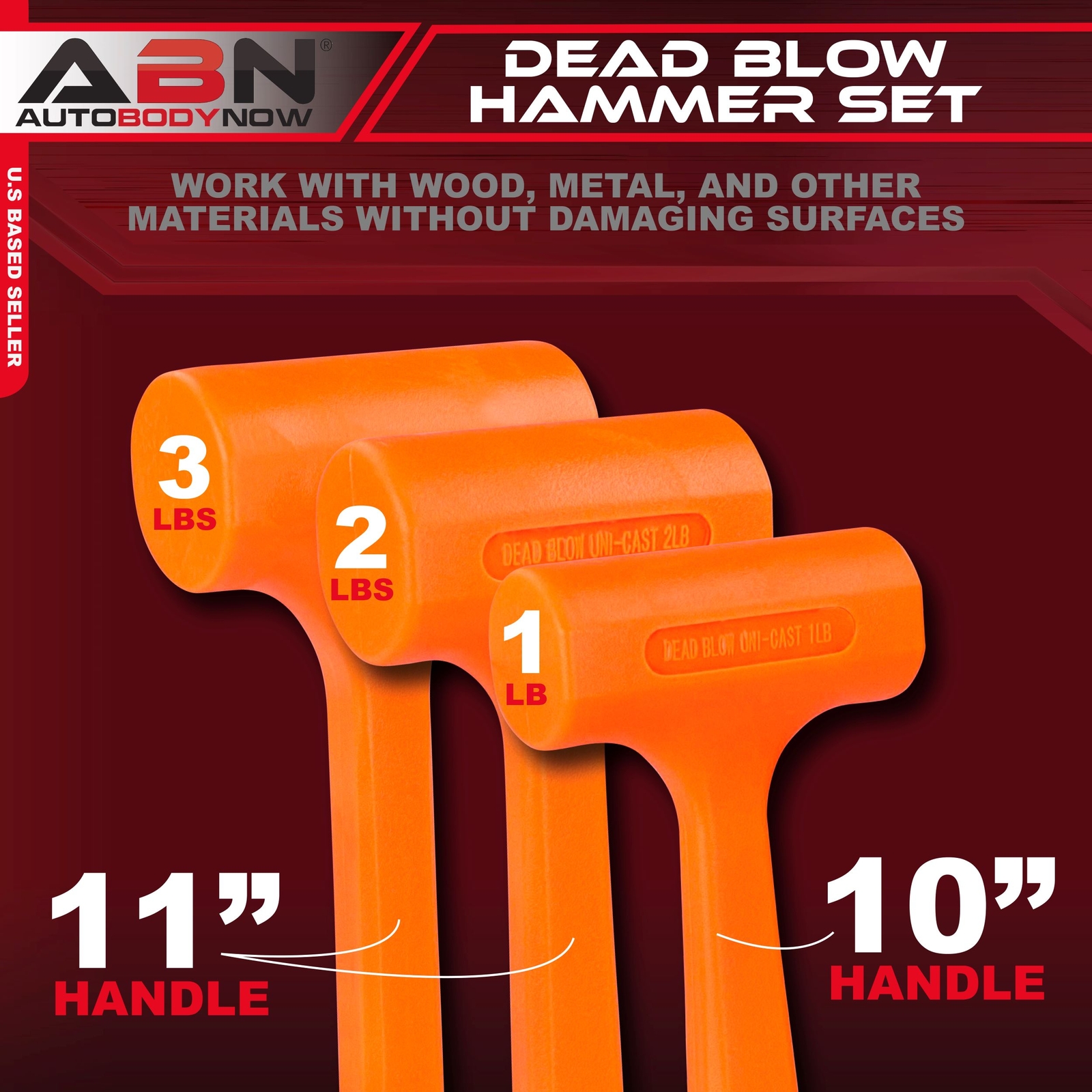 ABN Dead Blow Hammer Mallet 3-Piece Set with Non-Marring Rubber Coating