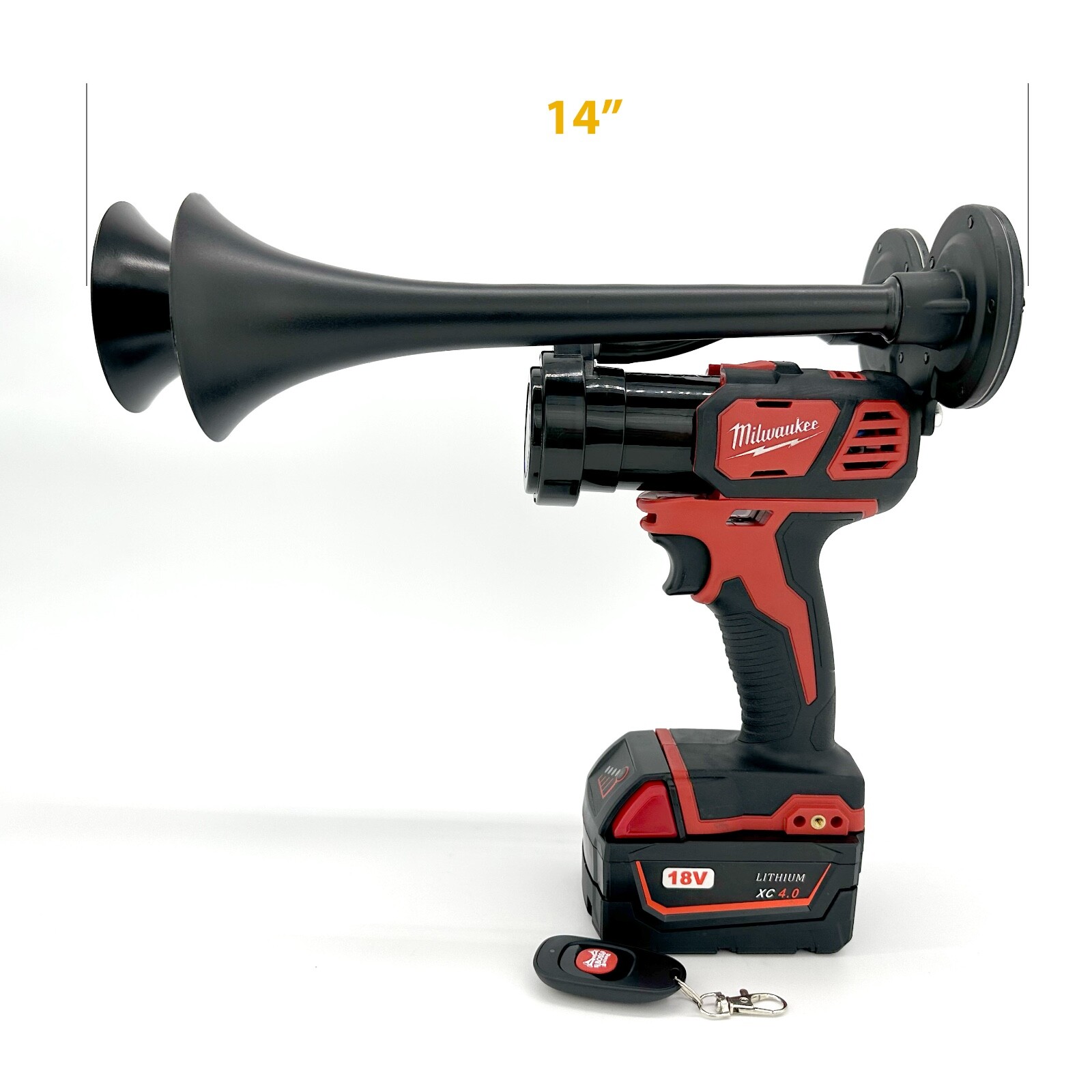 Milwaukee Impact Drill M18 Train Horn + Remote Control and 14" Black Trumpets