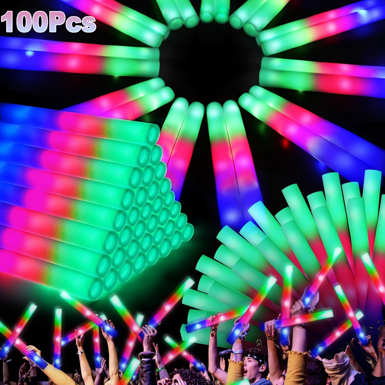 100 PCS LED Light Up Foam Sticks Concert Rally Glow Sticks Party Rave Wands