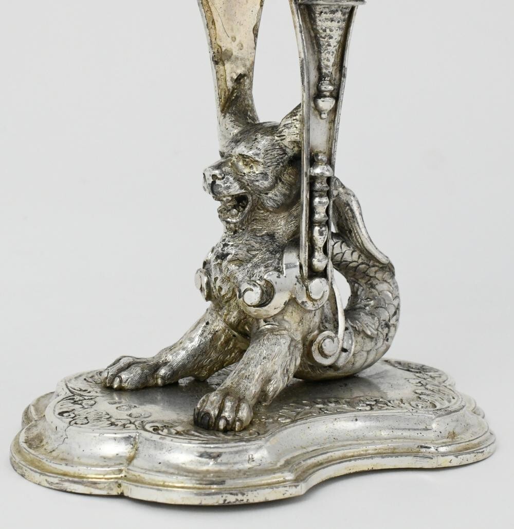 X LARGE FIGURAL GERMAN HANAU SILVER CORNUCOPIA DRINKING HORN SILVER TANKARD 1920