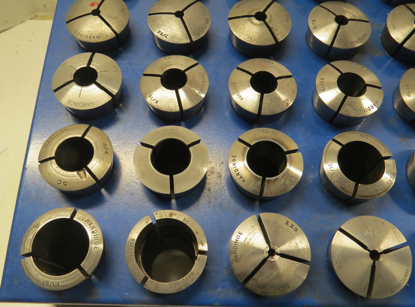 HARDINGE 5C COLLETS - 30 SIZES - 3/32" TO 1-1/16" + RACK + STOPS - LOT #H30-1