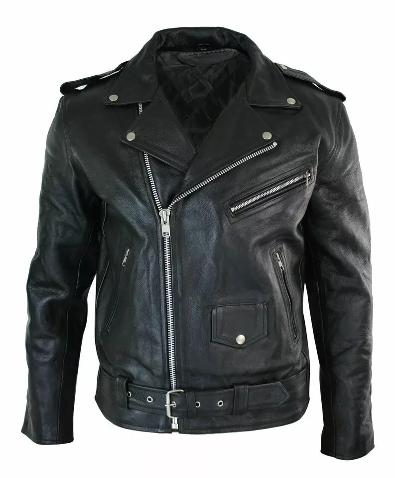 Men's Motorcycle Leather jacket Genuine Buffalo Skin Brando Style Black Biker