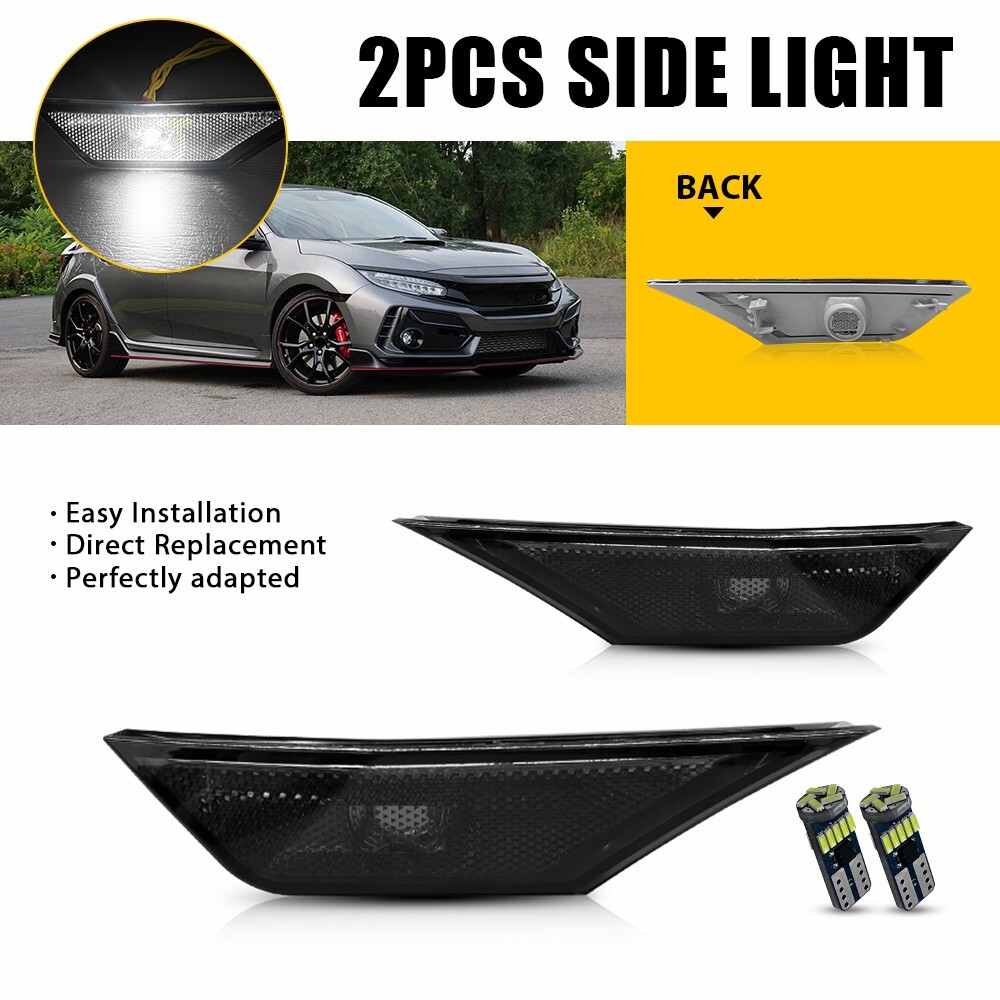 2PC For 2016-2021 Honda Civic Front LED Side Bumper Marker Smoked White LED EOA