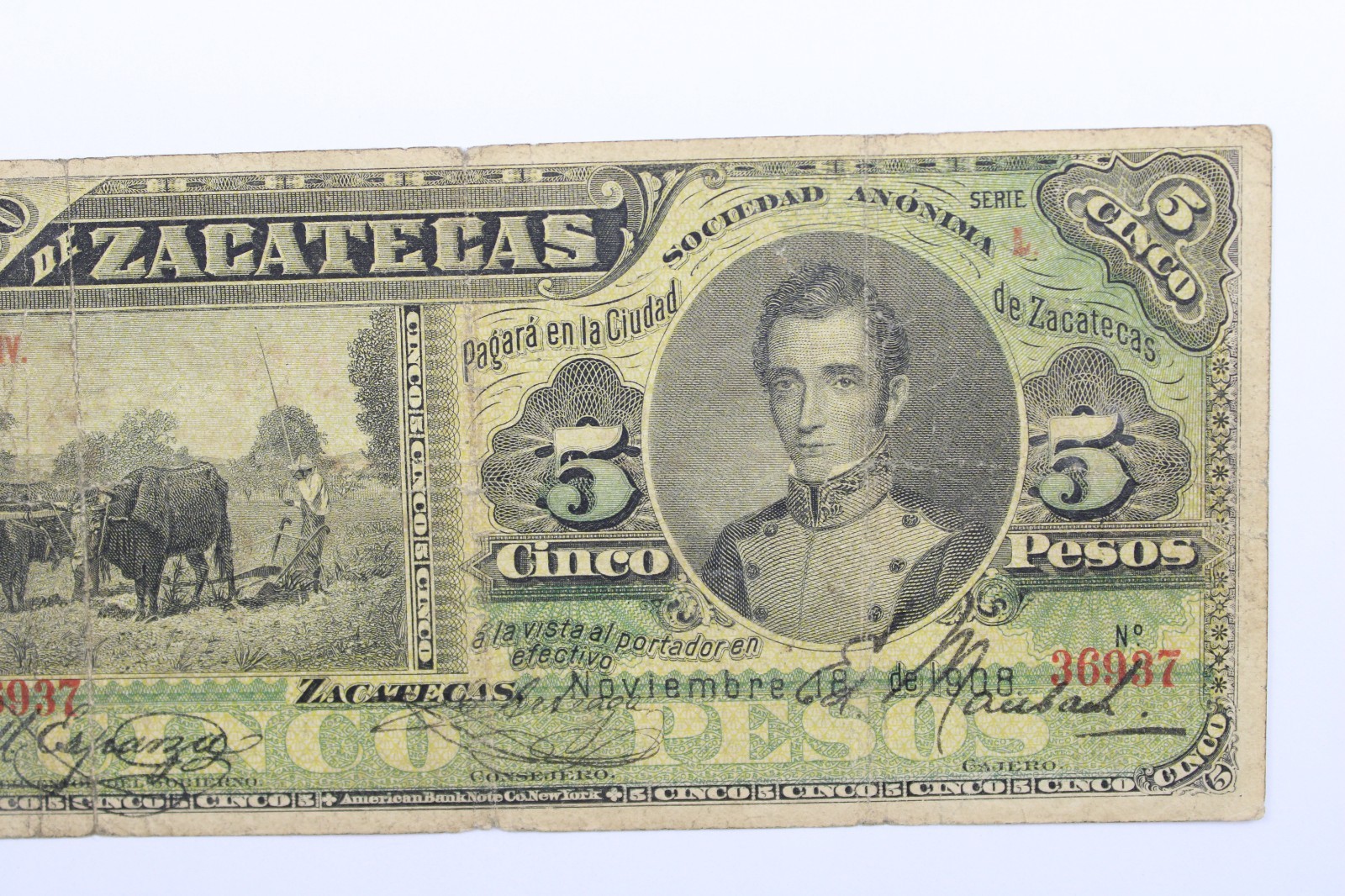 Mexico 5 Pesos, 1908 P-S475d Series L Zacatecas #0427