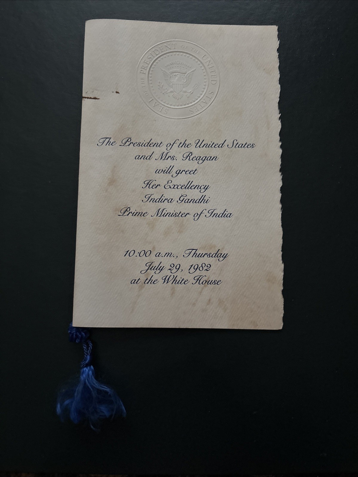 1982 Ronald Reagan White House Arrival Ceremony Program Prime Minister of India
