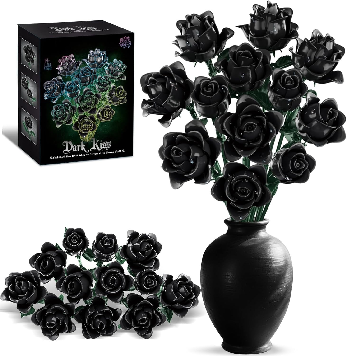 Black Roses Bouquet Building Set, 585 pcs, Gothic Home Decor, Adult