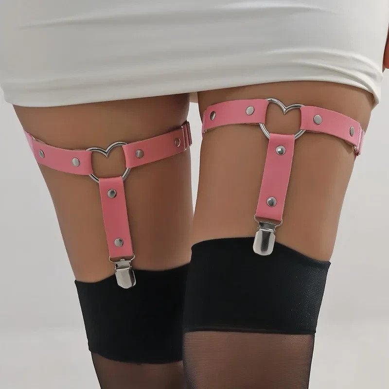 2 Legging Leather Heart Garter Belt -Adjustable with Buckle To Hold Stockings