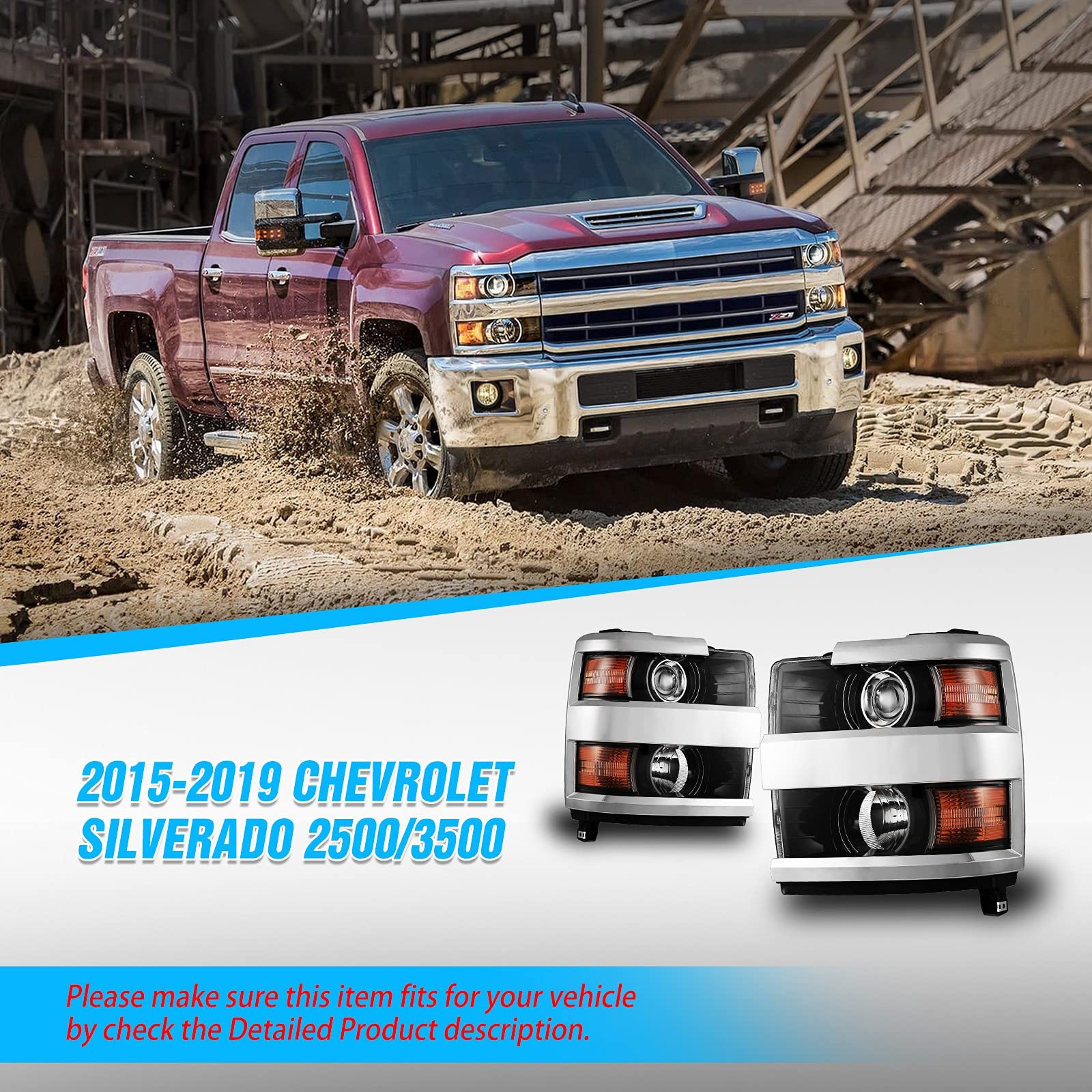 Projector Headlights For 2015-2019 Chevy Silverado 2500 3500 HD Lamp 1 Pair