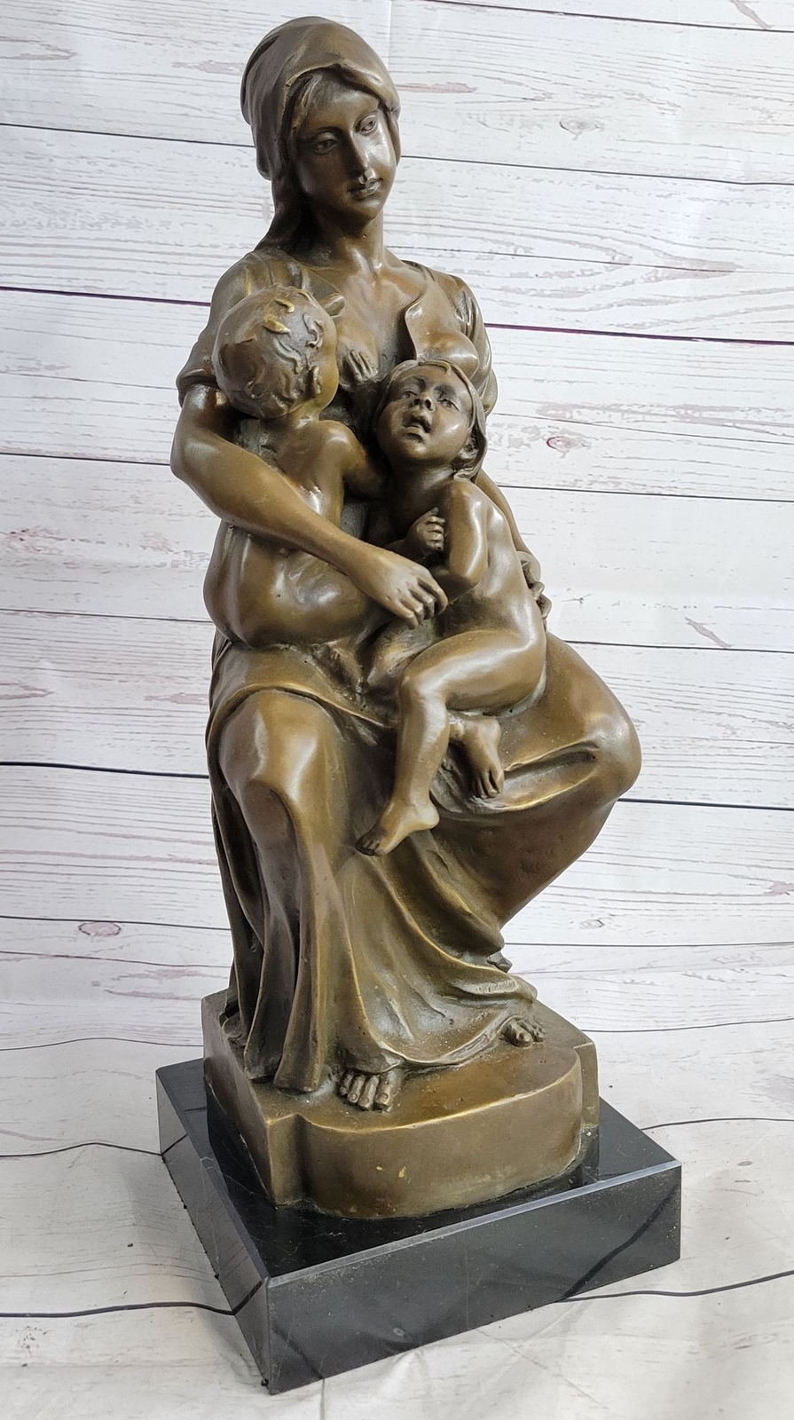 Semi Nude Bronze Sculpture Mother Breastfeeding Twins Signed Art Statue Decor
