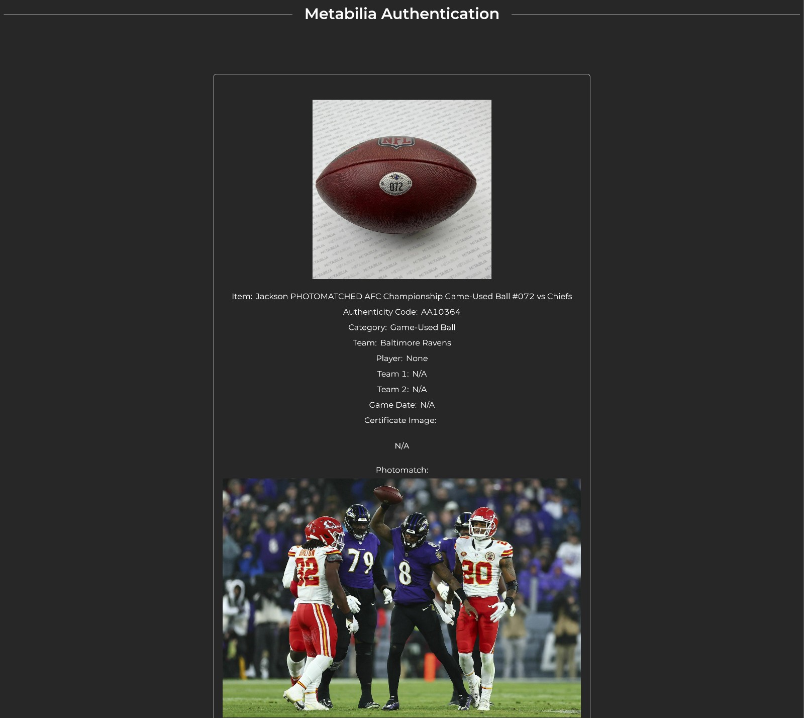 Lamar Jackson PHOTOMATCHED GAME-USED Ravens Football vs Chiefs 01/28/24 AFC game