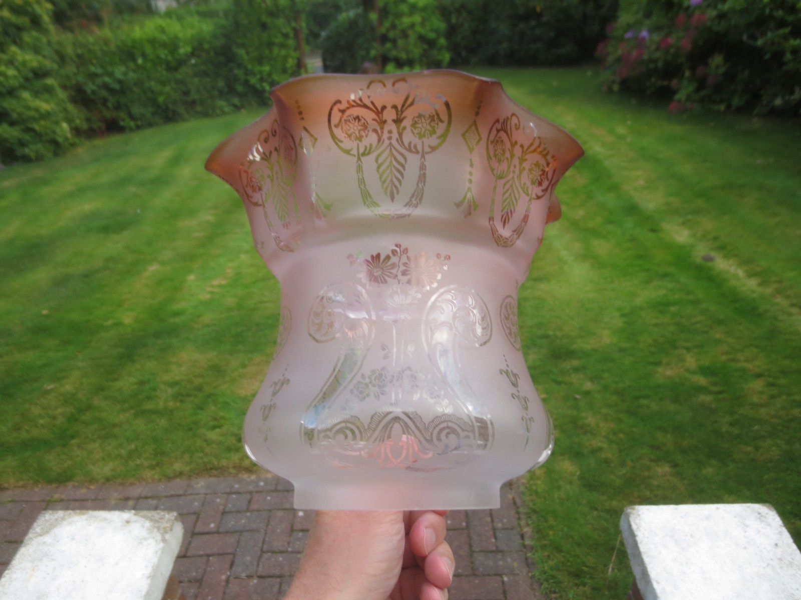 ORIGINAL ANTIQUE TALL GLASS DUPLEX ACID ETCHED TULIP OIL LAMP SHADE