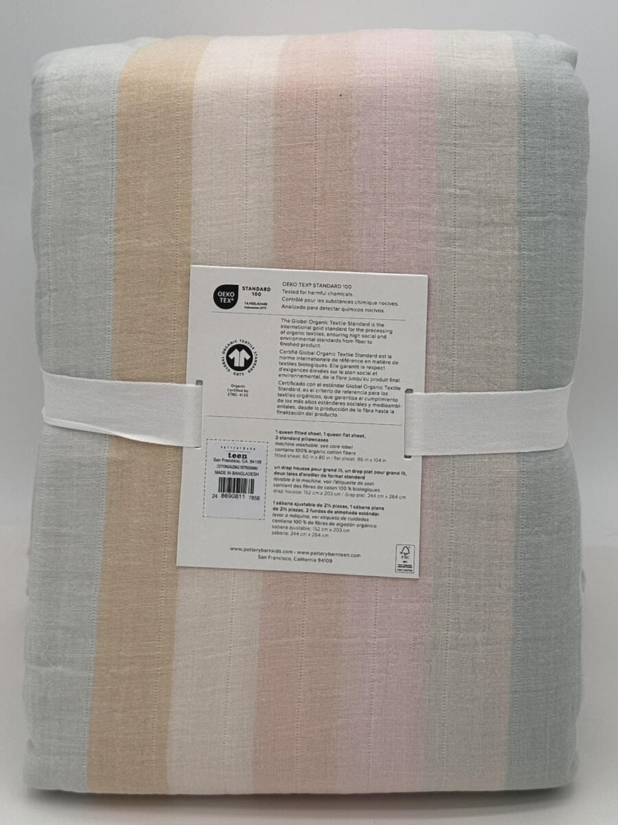 Pottery Barn Teen Multi Stripe Organic Cotton Gauze QUEEN Sheet Set