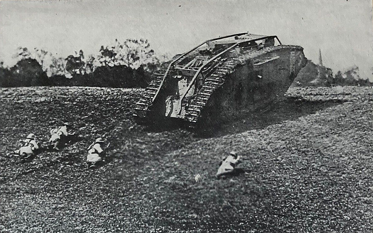 RARE RECYCLED! WW1 US ARMY 27TH DIV. 107TH INF. w/ BRIT TANK COVER LITHO PC 1918