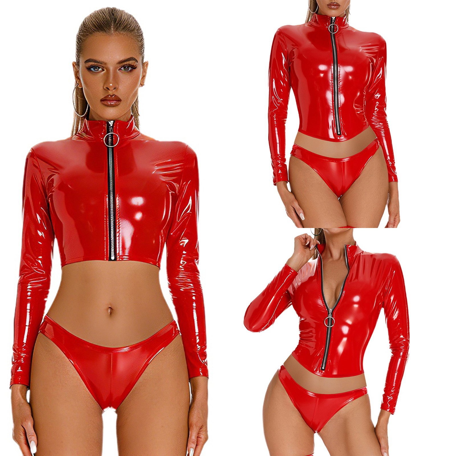 US YiZYiF Womens Sexy Leather Long Sleeve Zipper Crop Top With Briefs Underwear