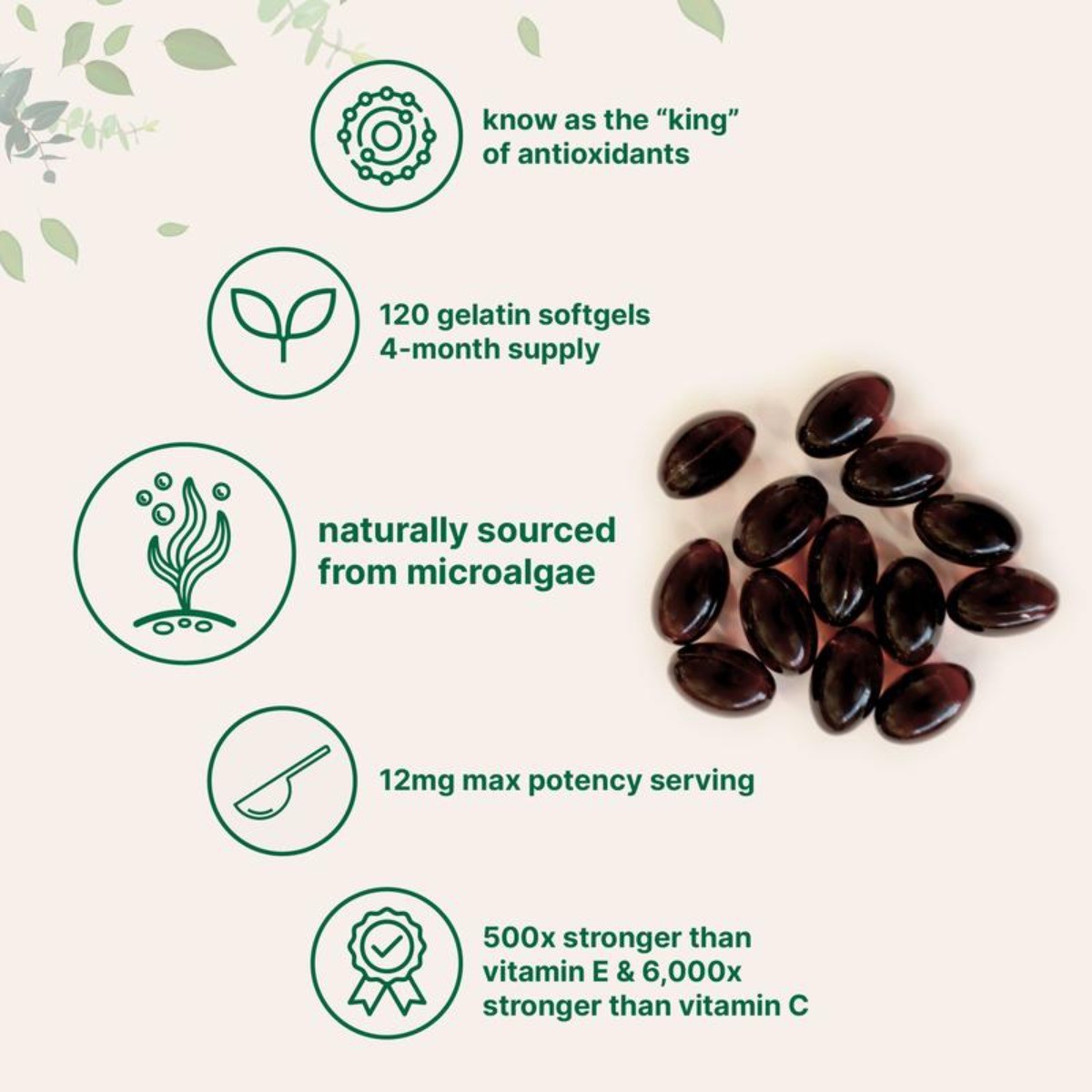 Astaxanthin 12mg from Natural Microalgae,For Skin Glow & Antioxidant Support