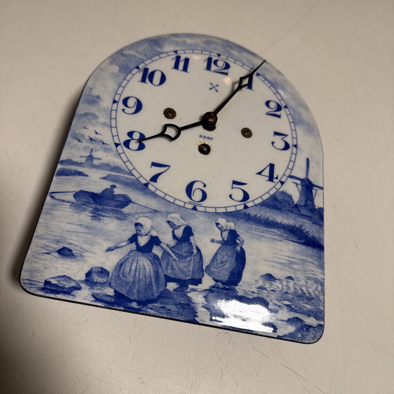 Vtg Delft Germany Blue And White Porcelain Wall Clock Windmill