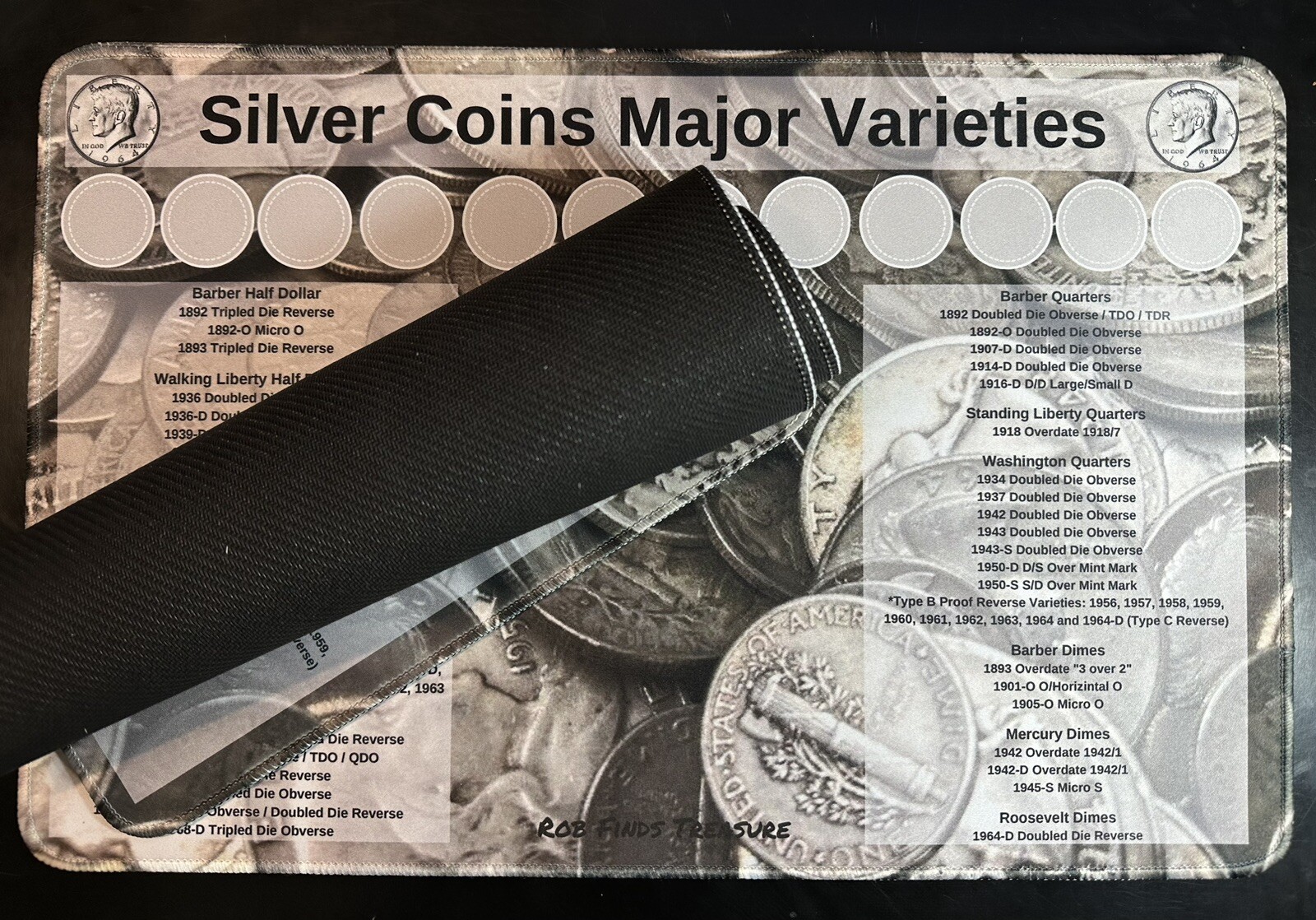 11" X 17" Silver Varieties Coin Hunting Mat - Rubber Backed and Safe for Coins!