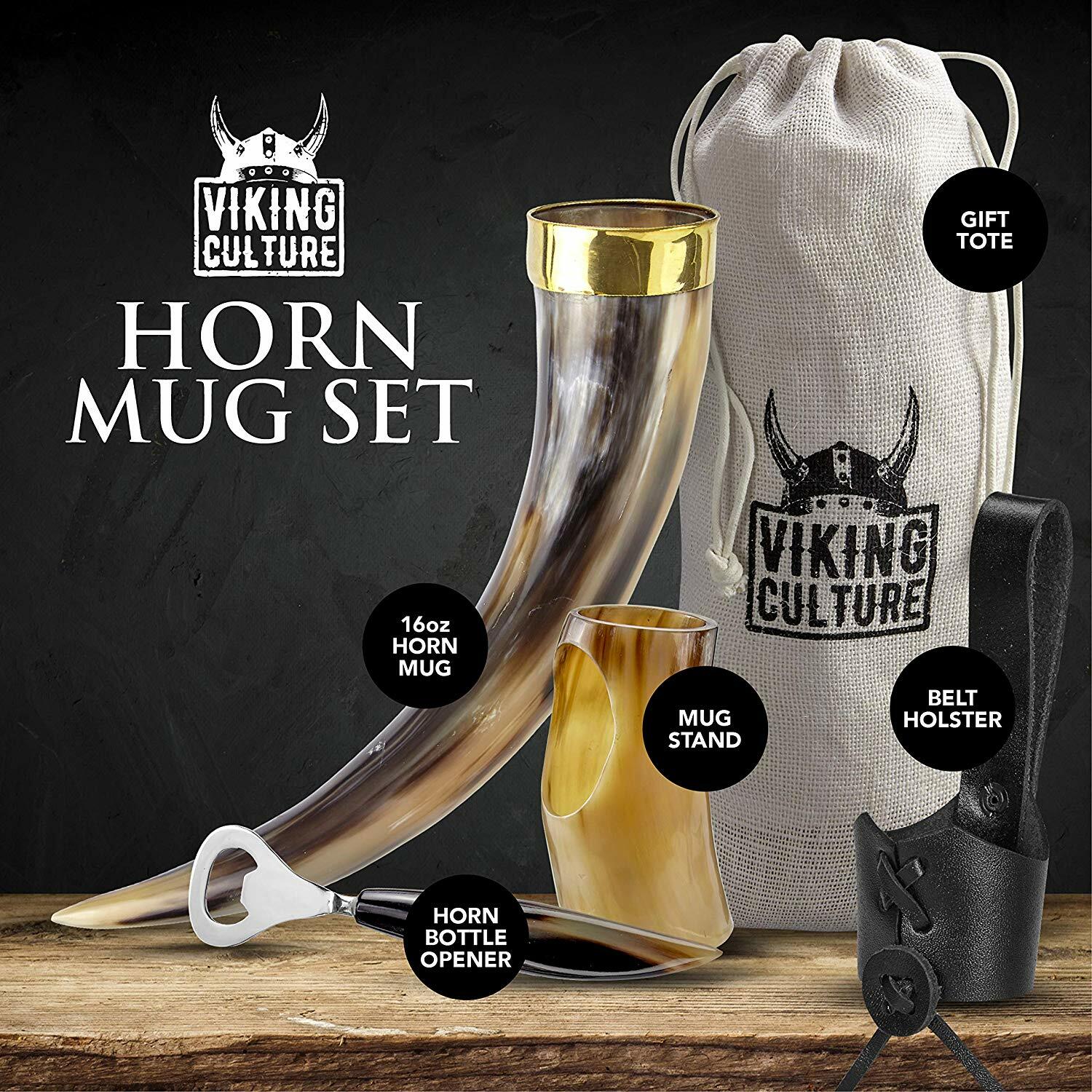 Viking Culture - Viking Horn Mug with Beer Opener, Stand, Genuine Leather Belt
