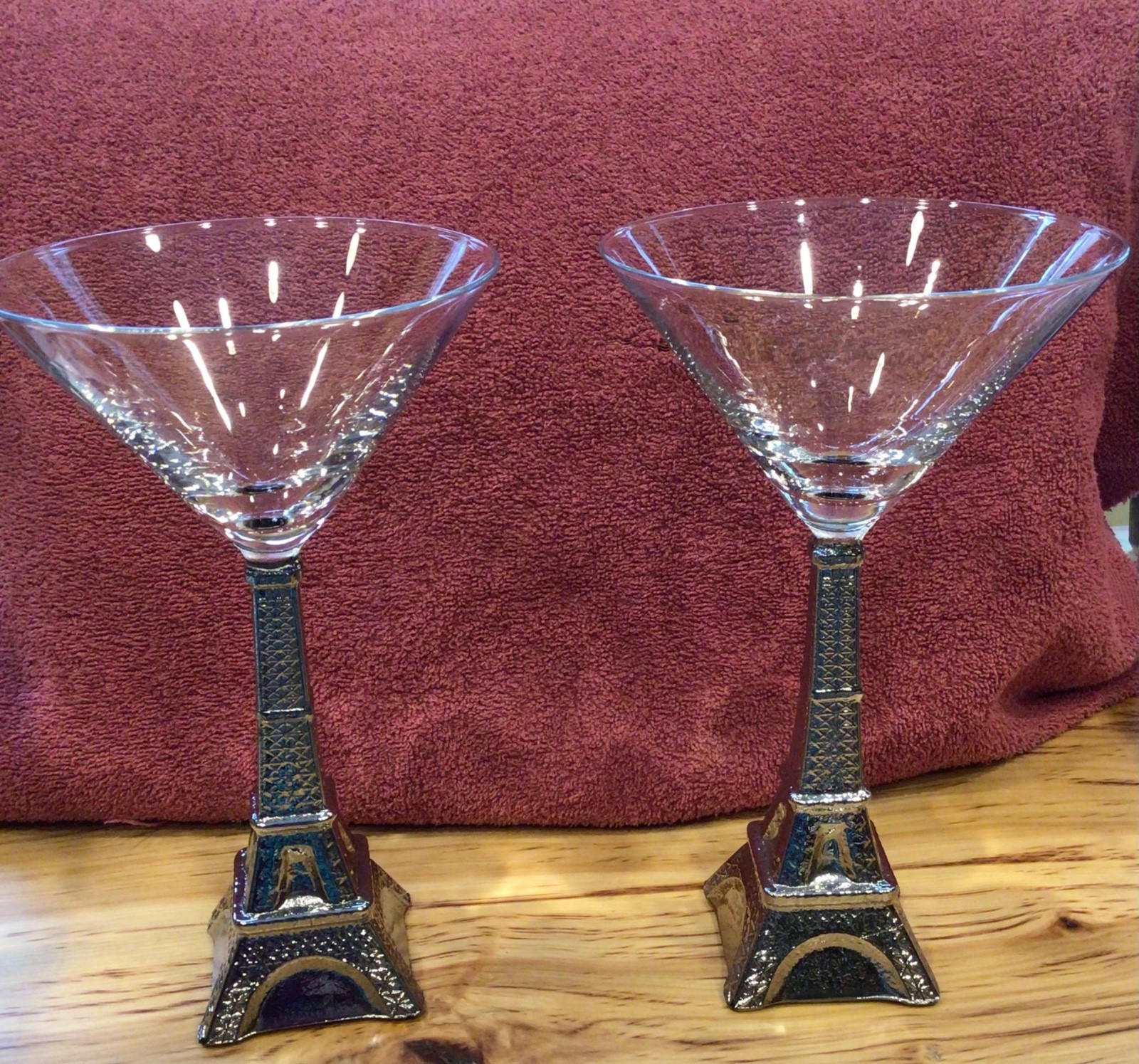 Eiffel Tower Martini Cocktail Glasses Sculpted Silver Stems 7.5” tall