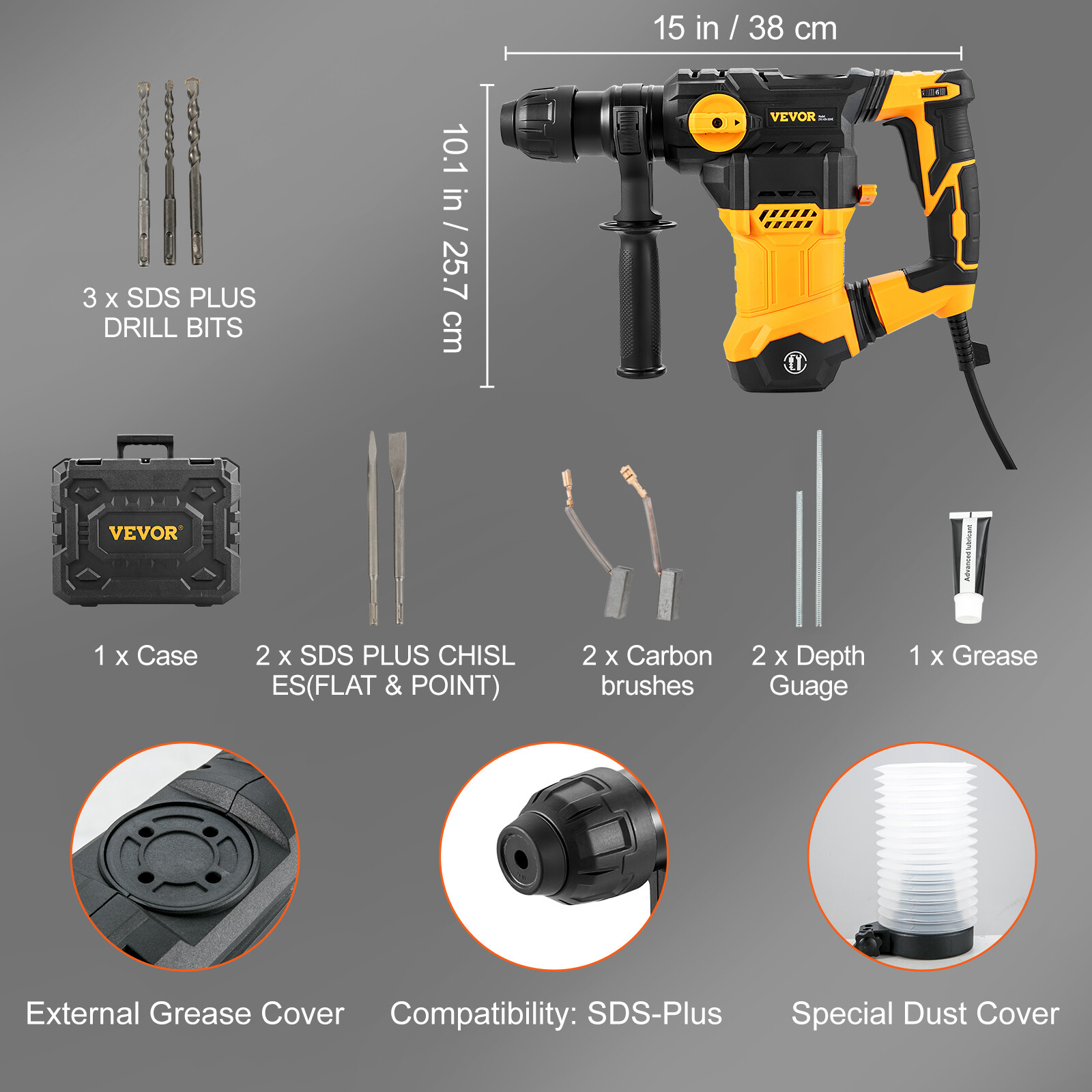 VEVOR Electric Rotary Hammer Drill 1500W SDS Plus 1-1/4" Chipping Hammer Drill