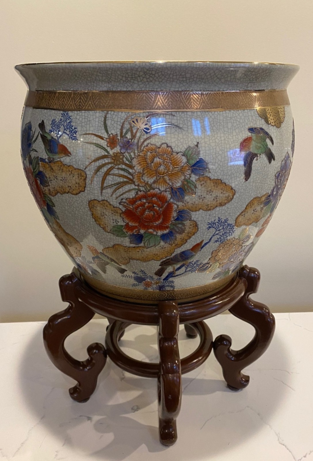 Chinese Planter Fine Porcelain Crackle Glazed Hand-Painted - Near Mint
