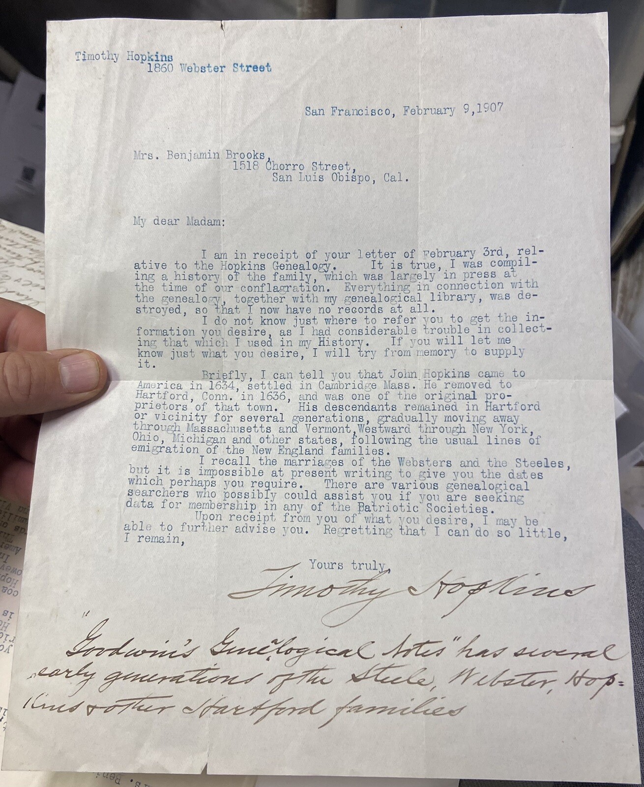 TWO 1907 TIMOTHY HOPKINS Letters Re: Hopkins Family Genealogy San Francisco, Cal