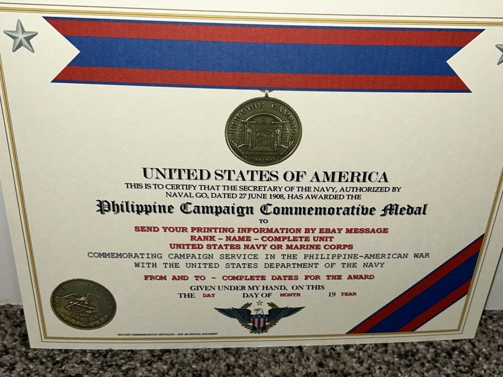 PHILIPPINE CAMPAIGN (NAVY) COMMEMORATIVE MEDAL CERTIFICATE ~ W/PRINTING TYPE-1