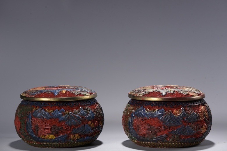 Old Dynasty Red Wood lacquerware Painting Carve tree house Jar Pot Crock pair