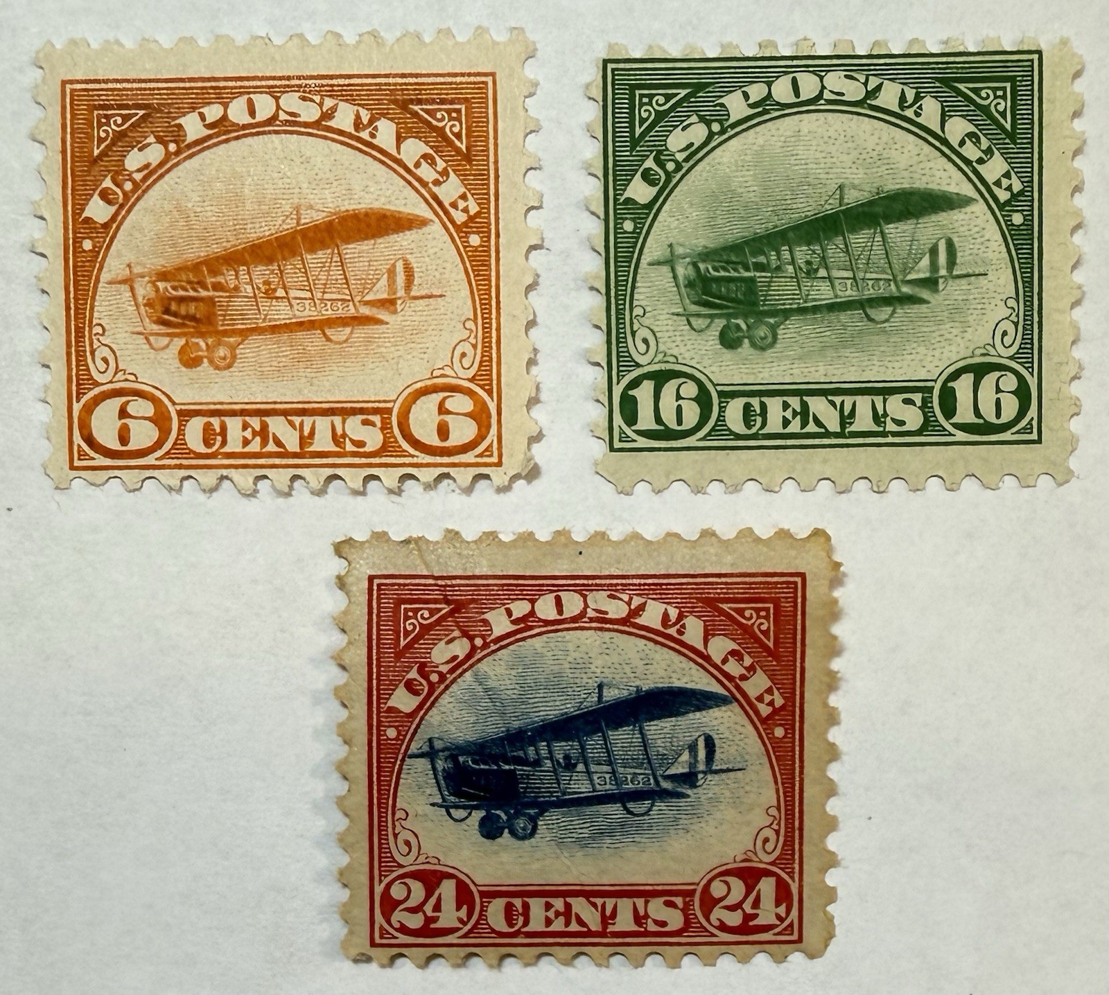US #C1-3 1918 First Series Airmails 6c,16c,24c “Jenny” MH(C3-ppr.fold);$180 SCV