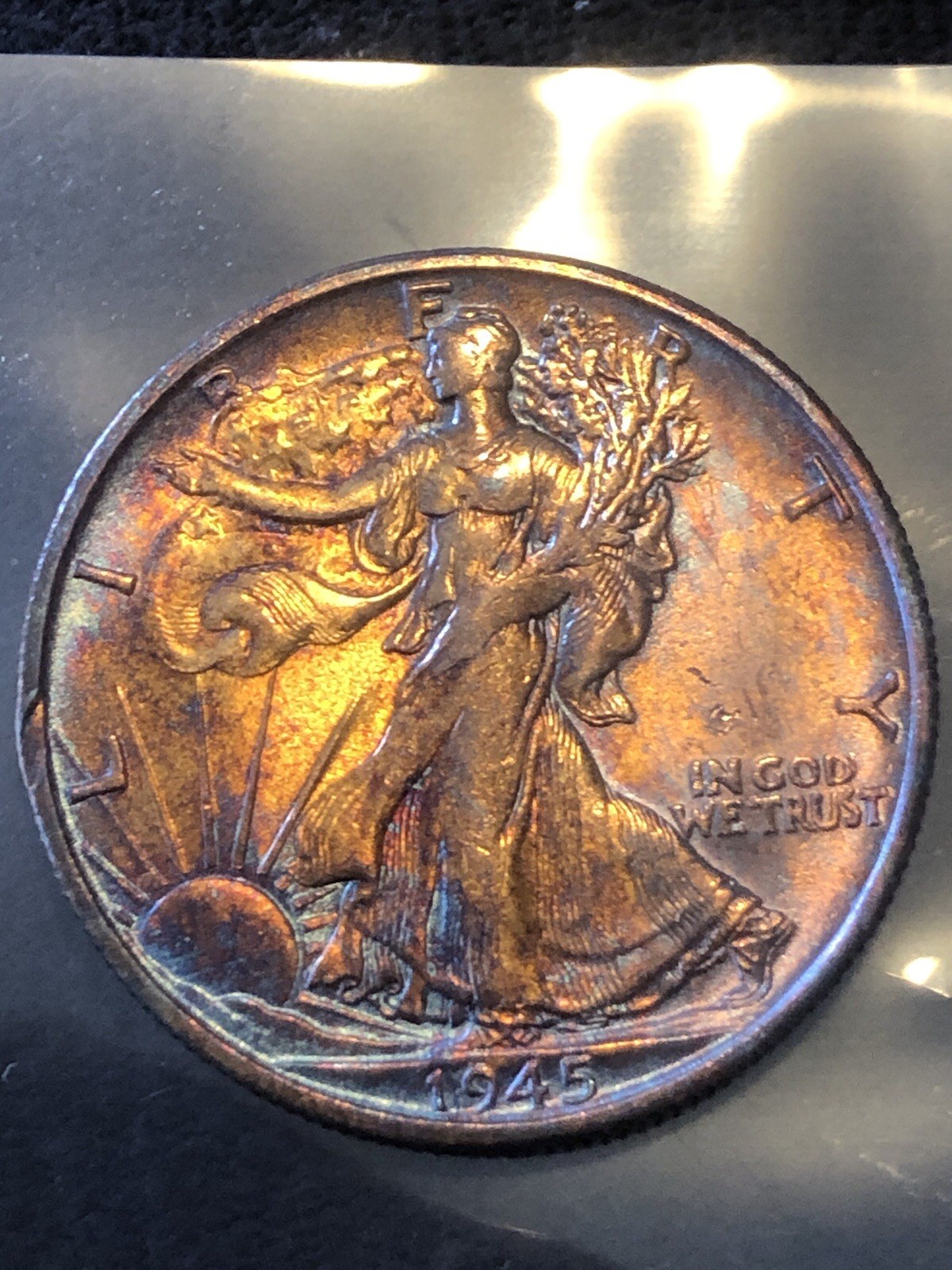 1945 W Walking Liberty Half Dollar Rainbow Toned BU