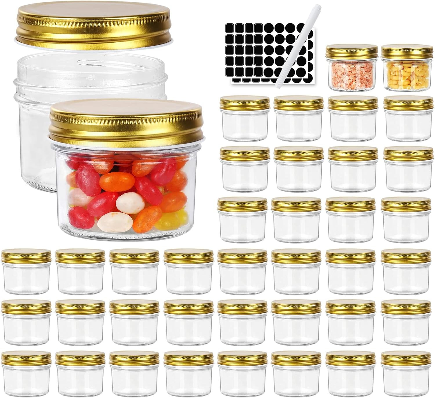 4 oz Clear Glass Jars with Metal Golden Lids, Pack of 40, 100ml