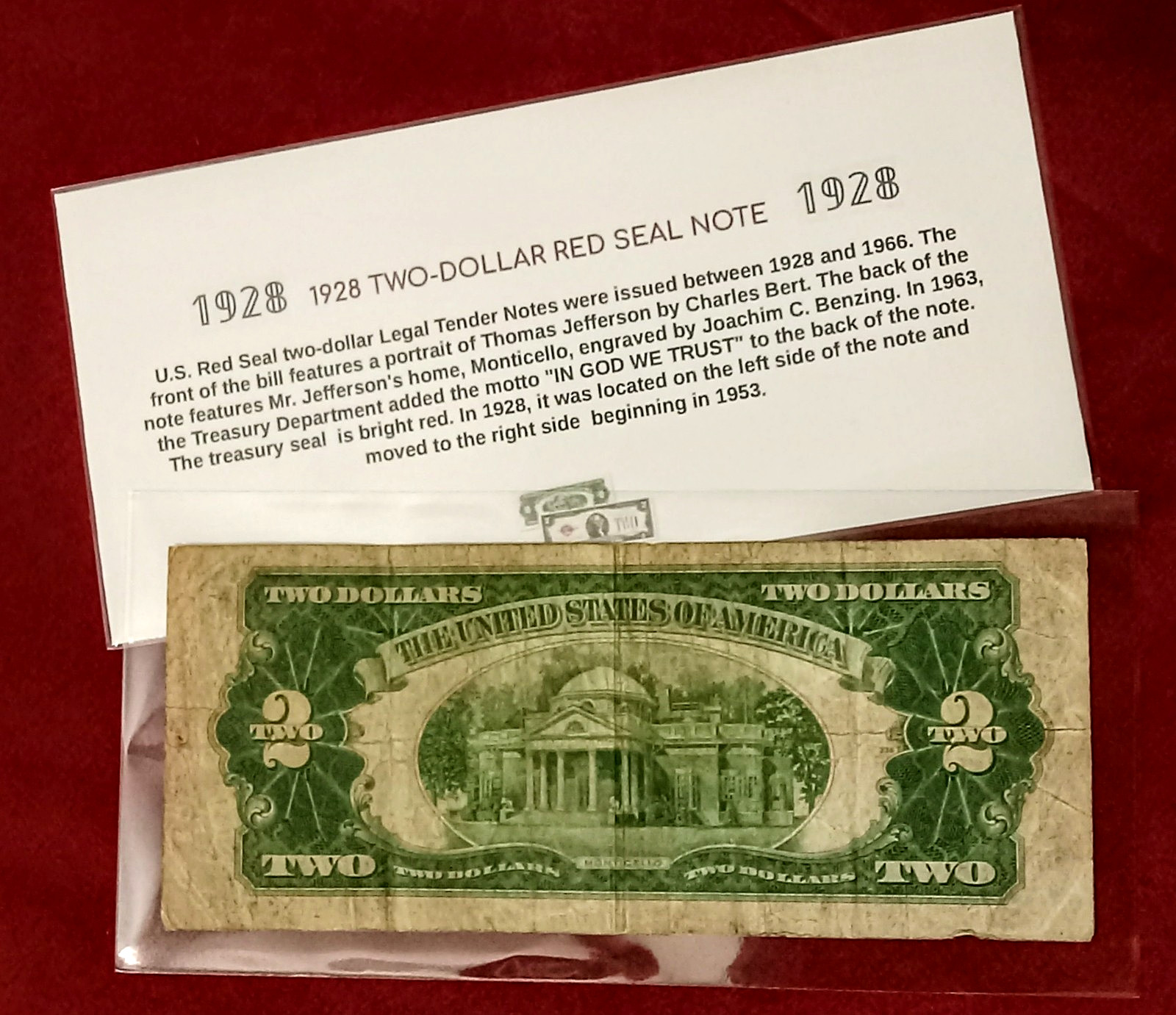 𝟙𝟡𝟚𝟠 $2 Two Dollar Red Seal US Note Vintage Currency,Info Card, 98 Years Old