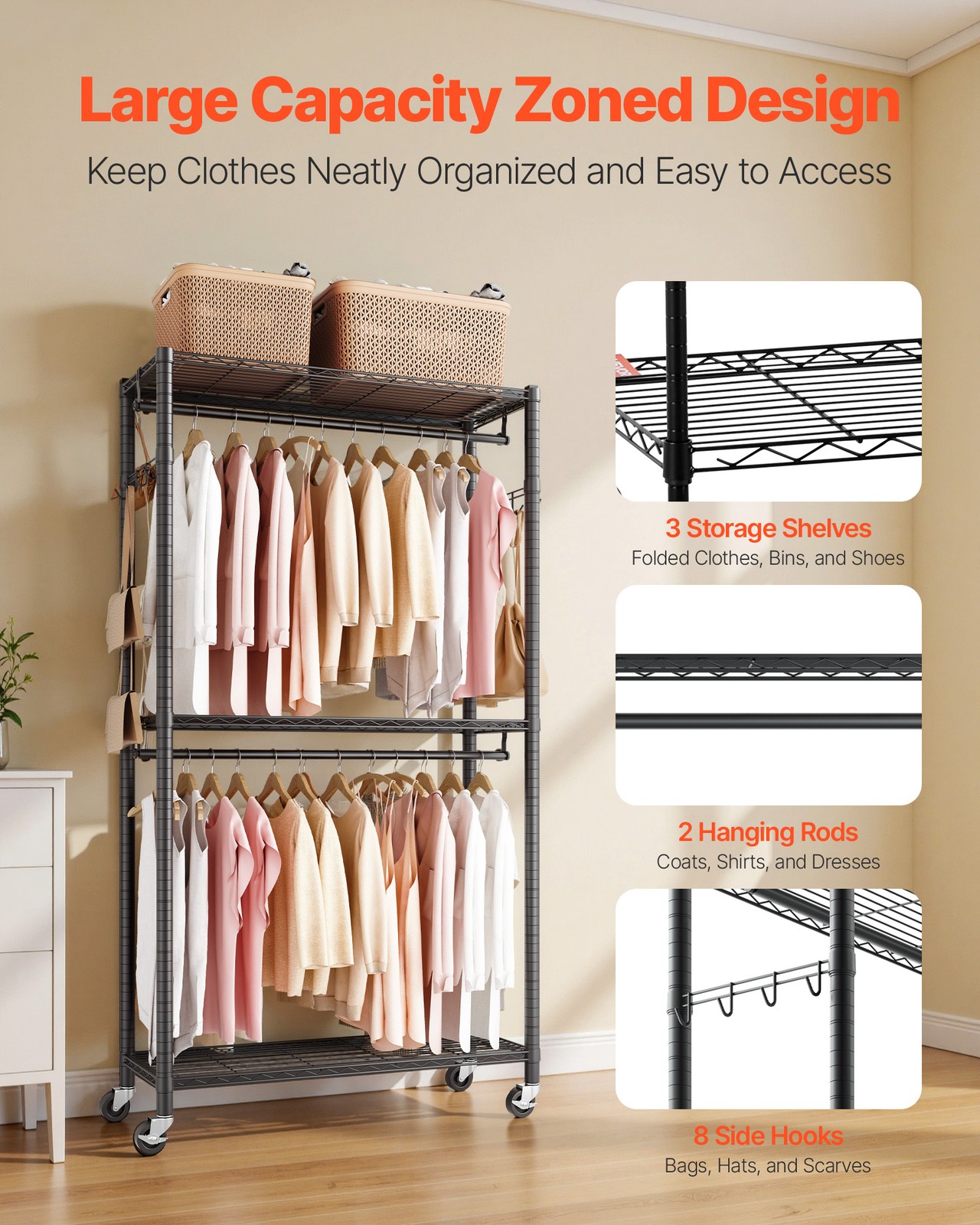 VEVOR Rolling Clothes Rack 3 Tiers Adjustable Height Clothing Garment Rack Black