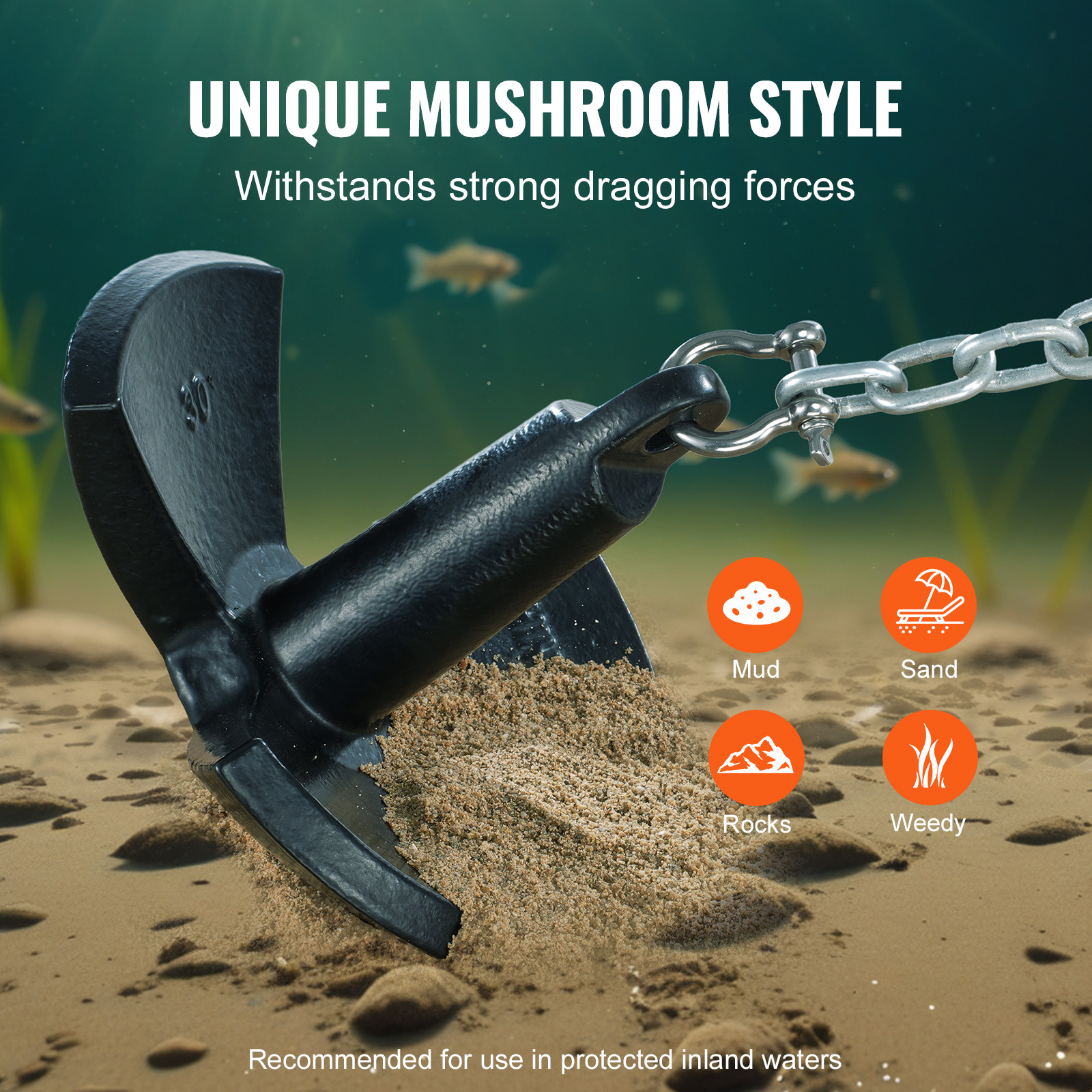 River Anchor 30LB Boat Anchor Cast Iron Black Vinyl-Coated Mushroom Anchor