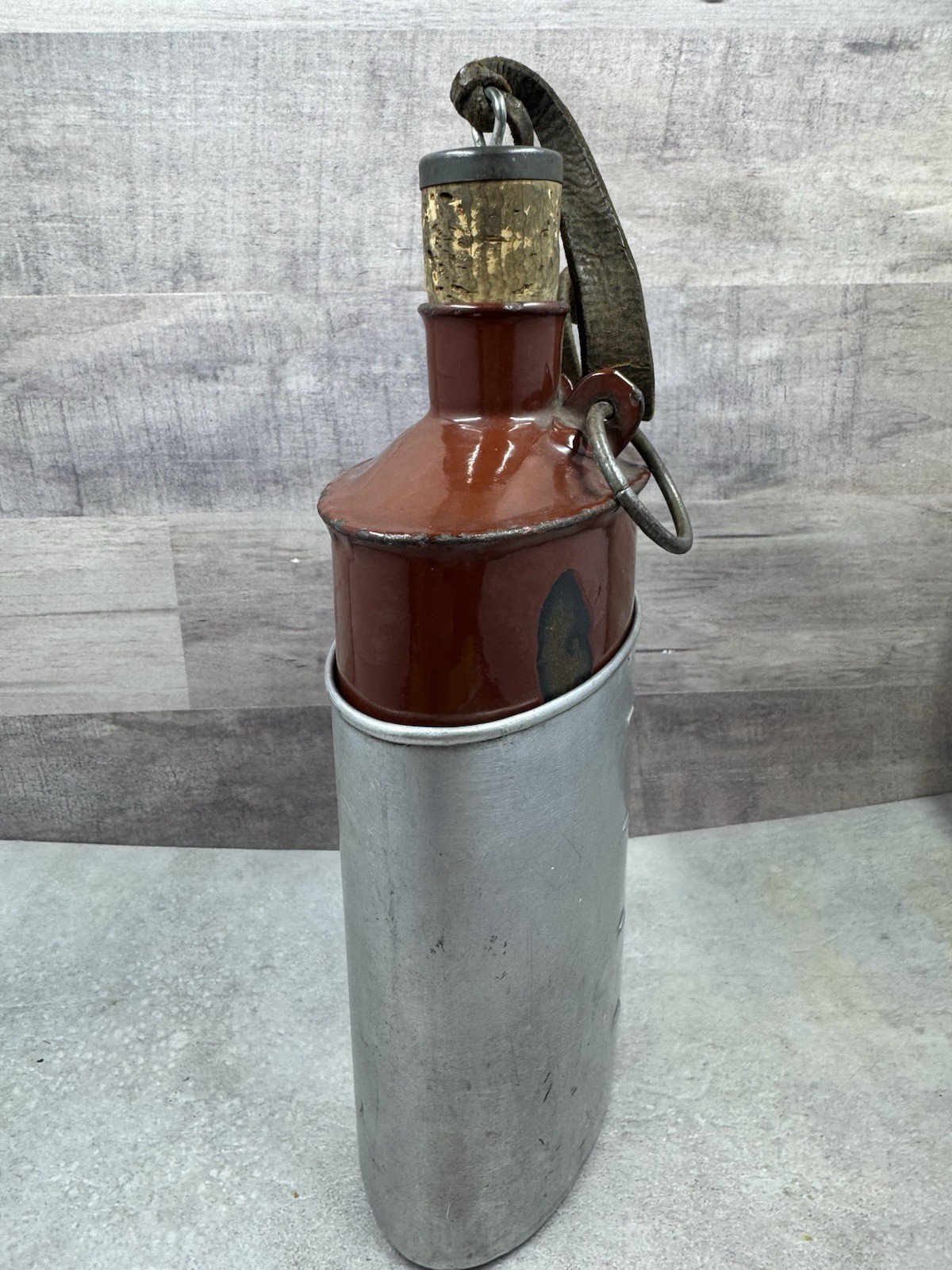 Vintage Swiss Army Canteen Enamel Water Bottle w/ Cork & Leather Strap 8.5”