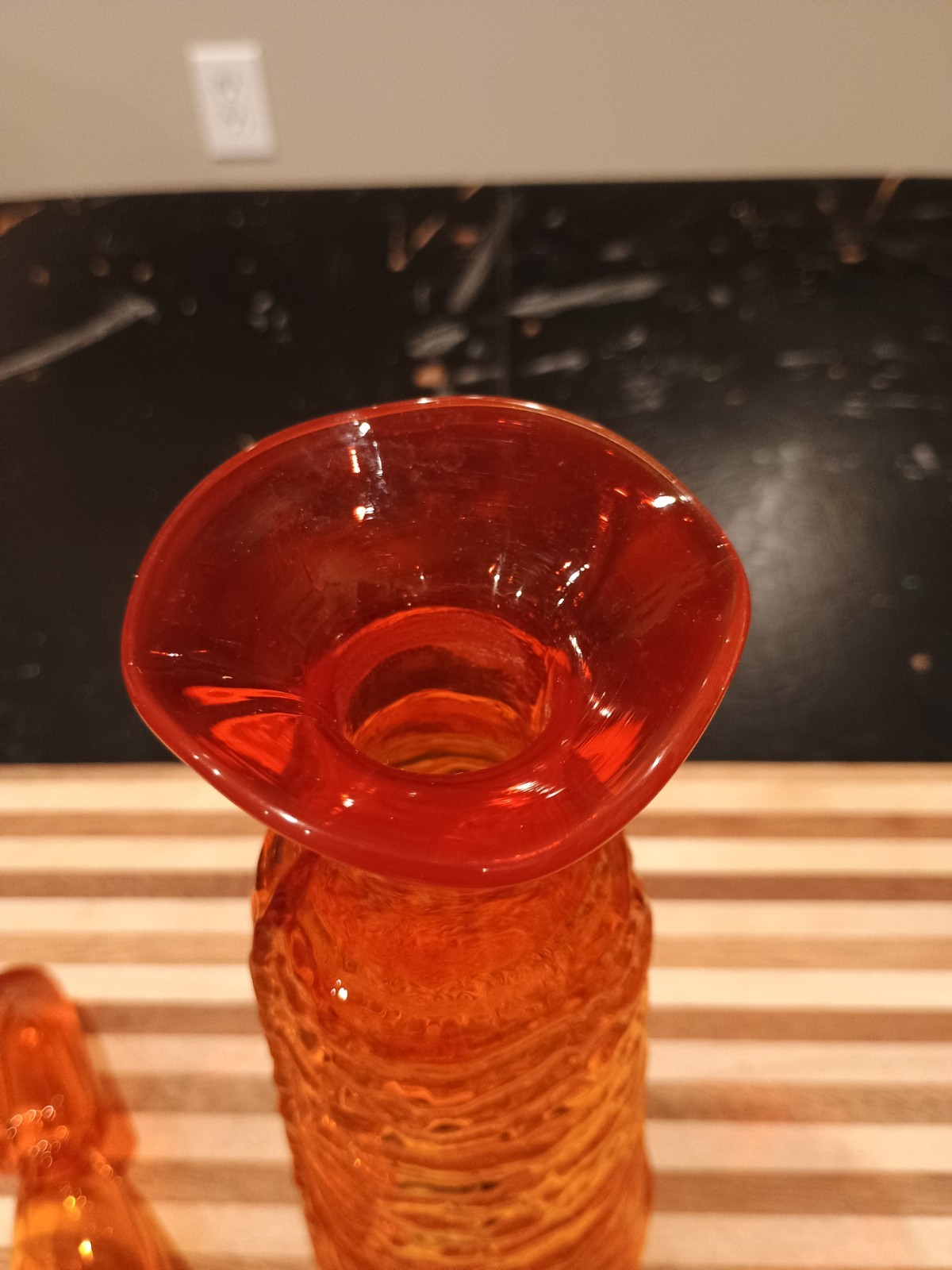 Vintage MCM 11" Rainbow Ribbed Glass Tangerine Orange Decanter With Stopper