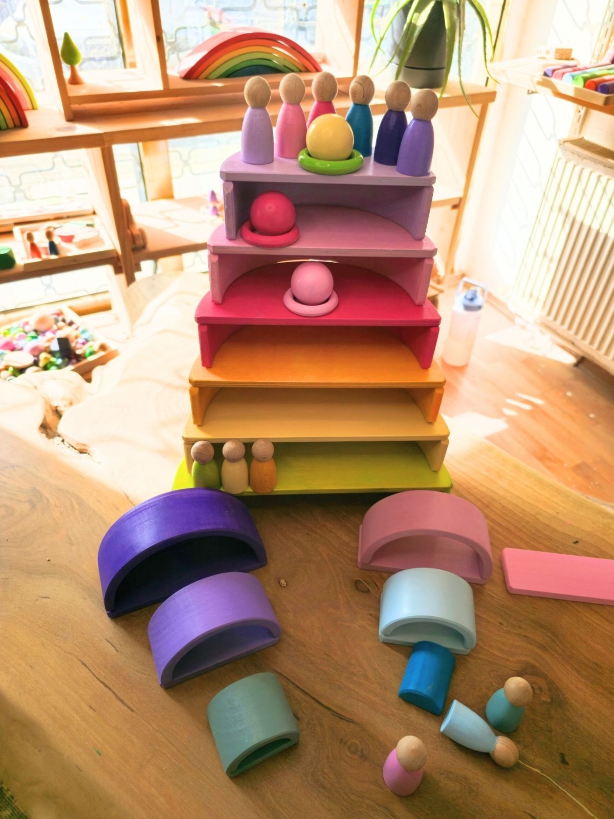 Wooden Rainbow Stacker Grimms Style: 12-Piece Pastel Montessori Toy