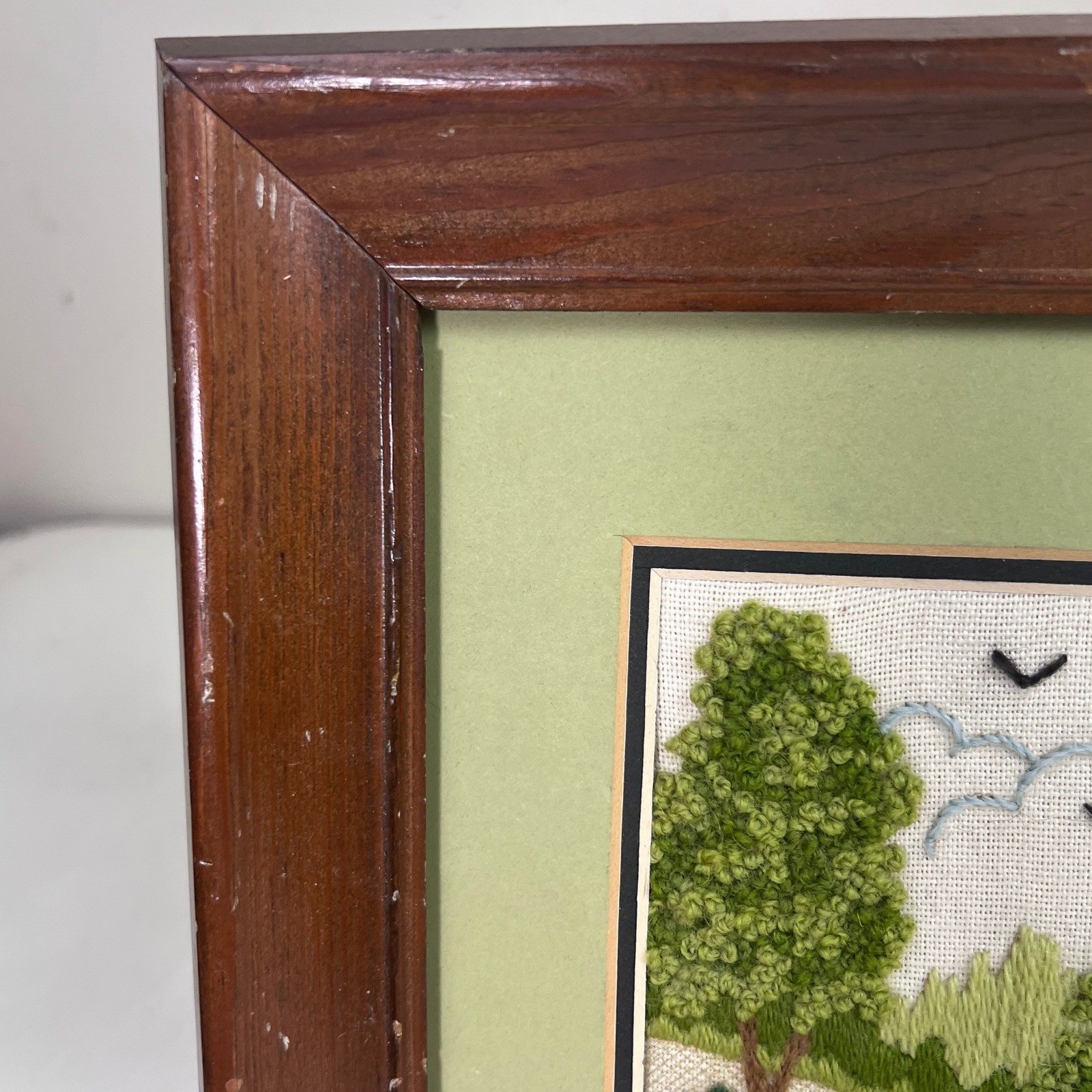 Vintage Crewel Embroidery Completed Woodside Church Framed 5x7 1980's Handmade