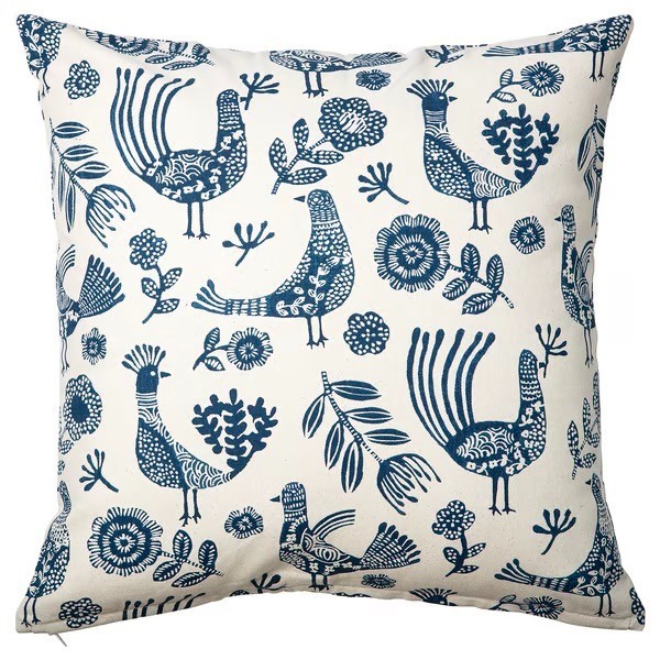 IKEA KRUTBRANNARE Cushion Cover, Natural/Blue, Birds Floral Pattern 20x20"